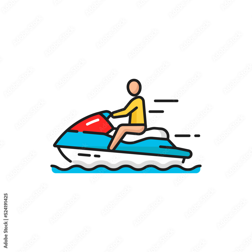 High-speed power jet ski man riding on water bike at sea waves isolated color line icon. Vector jet ski, water motorcycle bike, floating on water. Summer voyage cruise transportation marine transport High-speed power jet ski man riding on water bike at sea waves isolated color line icon. Vector jet ski, water motorcycle bike, floating on water. Summer voyage cruise transportation marine transport