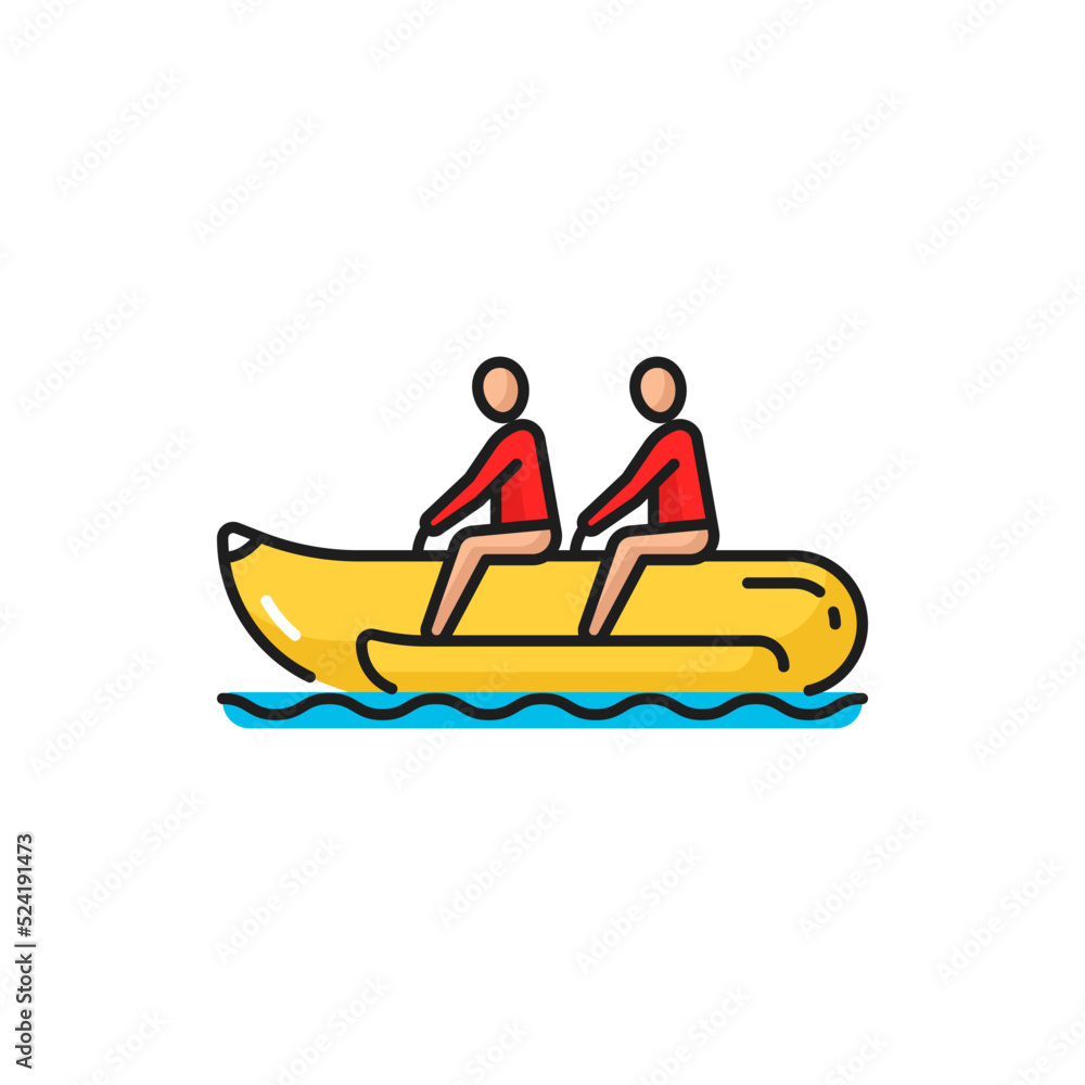 Banana boat aqua entertainment activity, tourists couple on summer vacation riding on blue water waves color line icon. Vector summer water sport activity, swimming on rubber boat in sea ocean Banana boat aqua entertainment activity, tourists couple on summer vacation riding on blue water waves color line icon. Vector summer water sport activity, swimming on rubber boat in sea ocean