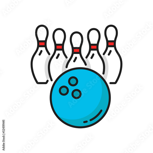 Ball and pins bowling playing equipment isolated color line icon. Vector 5 pins and strike ball, club team game leisure recreation. Hobby entertainment sport activity symbol, bowling playing equipment