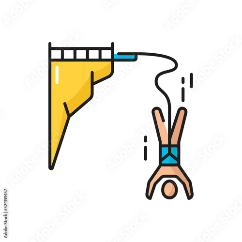 Bungee jumps, person jumps from bridge on rope isolated color line icon. Vector bungee jump hobby, entertainment in amusement park, extreme activity, woman or man wearing insurance falling down