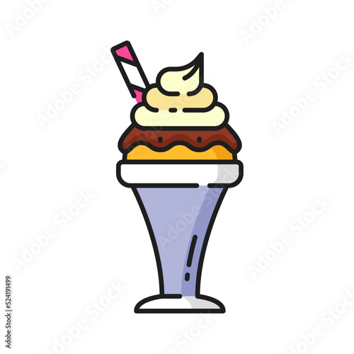 Frozen yogurt ice cream in glass isolated color line icon. Vector gelato swirls, tasty whipped vanilla cream with chocolate and fruit syrup. Summer refreshing ice cream cold frozen dessert in bowl