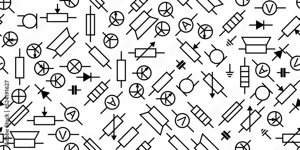 Radio component. Radio electronic circuit. Symbolic designation. Isolated on white background. Resistor, transistor, diode and capacitor. Seamless pattern. Vector Radio component. Radio electronic circuit. Symbolic designation. Isolated on white background. Resistor, transistor, diode and capacitor. Seamless pattern. Vector