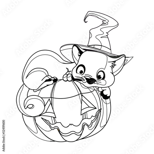 Vector illustration of a coloring on a halloween, funny cat in a witch hat sits on a pumpkin, coloring book page for kids and adults halloween 