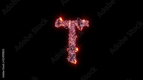 bright red glowing luxury jewels alphabet - letter T, isolated - object 3D illustration
