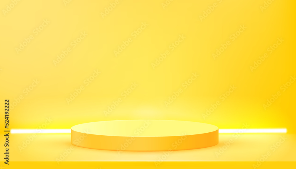 Yellow interior with podium and neon glowing lamps. Vector 3d illustration with copy space Yellow interior with podium and neon glowing lamps. Vector 3d illustration with copy space