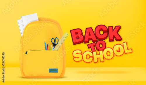 Yellow school bag with stationery and Back to school inscriptiom. 3d vector banner photo