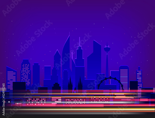 Car traces in modern city with night illumination. vector banner with copy space