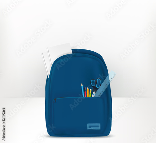Blue school bag with stationery. Back to school 3d vector illustration