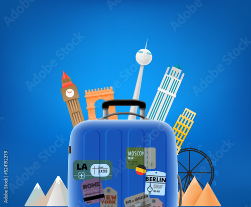 Modern blue suitcase with different travel sights. 3d vector illustration
