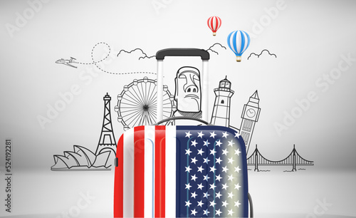 World travel concept with suitcase and famous monuments. Vector illustration