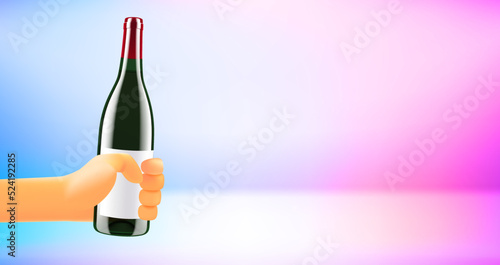 Man holding bottle of vine. 3d vector banner with copy space photo