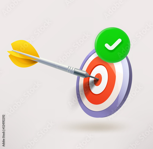 Dart in a bulls eye icon with checkmark. 3d vector icon