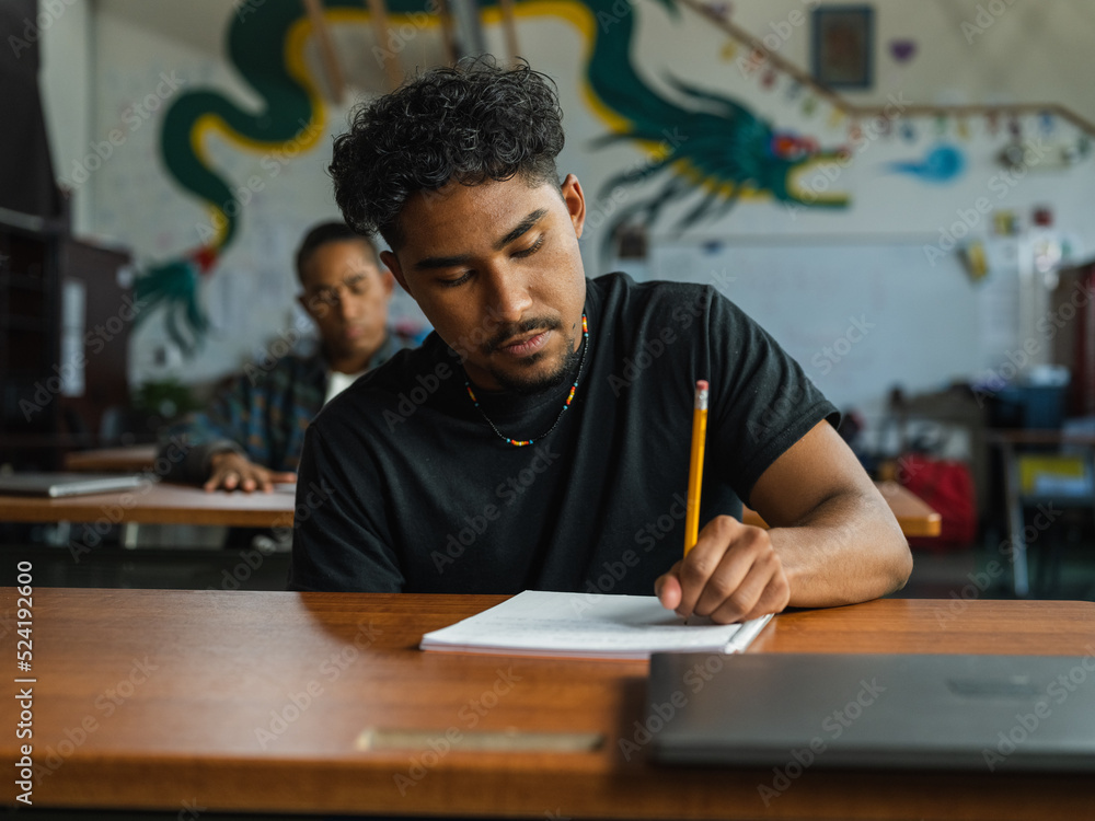 Obraz premium Eye level image of a Native boy writing on paper in school