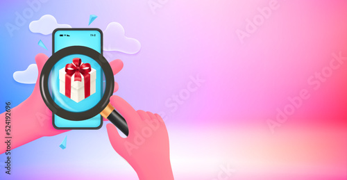 Receive present concept with smartphone and magnifier. 3d vector banner with copy space