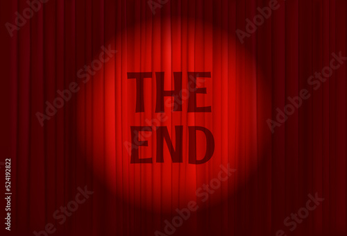 Red cinema curtains with light beam and unscription The end. Vector illustration