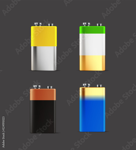 Different color 9v batteries set. 3d vector clipart photo