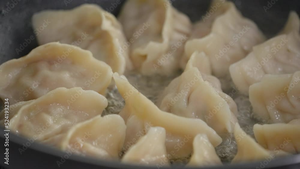 Pan-frying gyoza dumpling jiaozi at home. Pan-frying gyoza dumpling jiaozi at home.