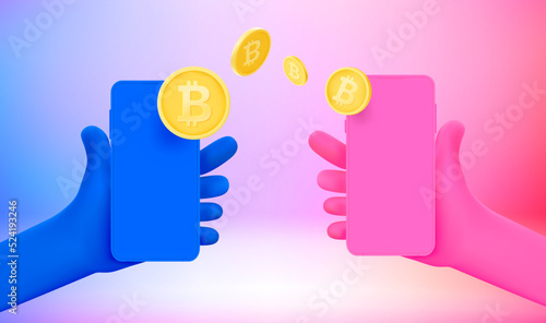 Crypto currency transfer using mobile application concept. 3d vector illustration with holographic effect
