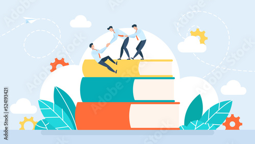 Tiny characters climb to the top of the mountain from the books. Business courses. Teamwork in education. The leader lends a helping hand. Obtaining higher education. Flat style. Vector illustration