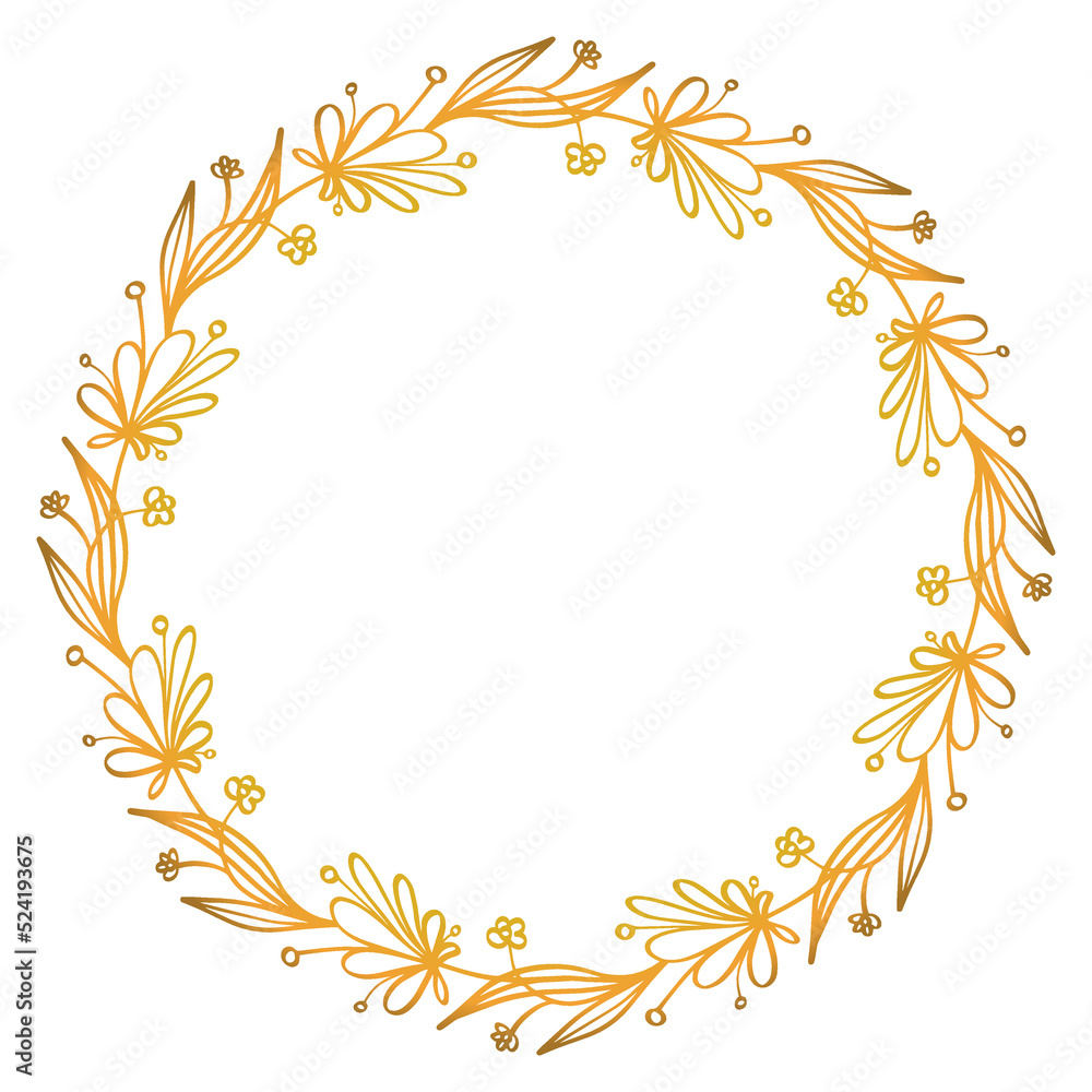 Yellow-orange golden wreath. Doodles romantic style.