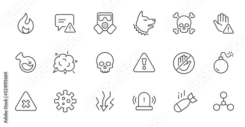 Danger biohazard line icon set. Fire danger, toxic, chemical radiation sign. Virus, bomb, gas mask alert symbol. Thin line editable stroke sign. Vector illustration.