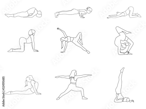 set of icons, a set of yoga poses, a meditation image