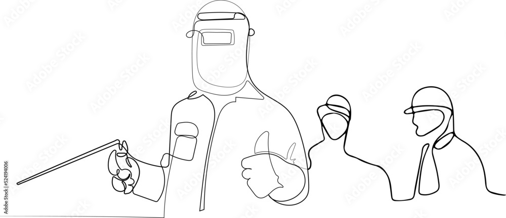 Fototapeta premium Welder mounts in the trunk pipeline electrochemical protection Vector illustration. Young man welder in brown uniform welding mask and welders leathers weld metal