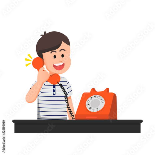 a cute boy is using a retro phone