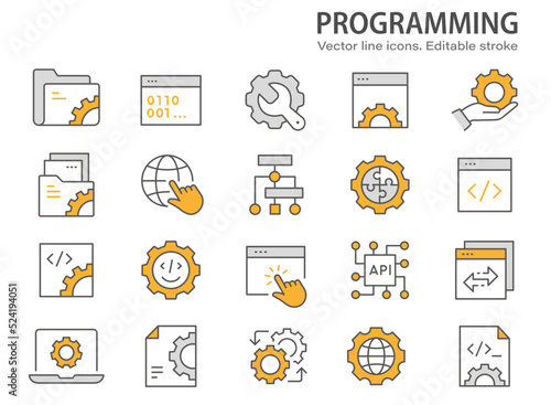 Programming line icons. Set of computer, coding, dev, develop and more. Editable stroke.