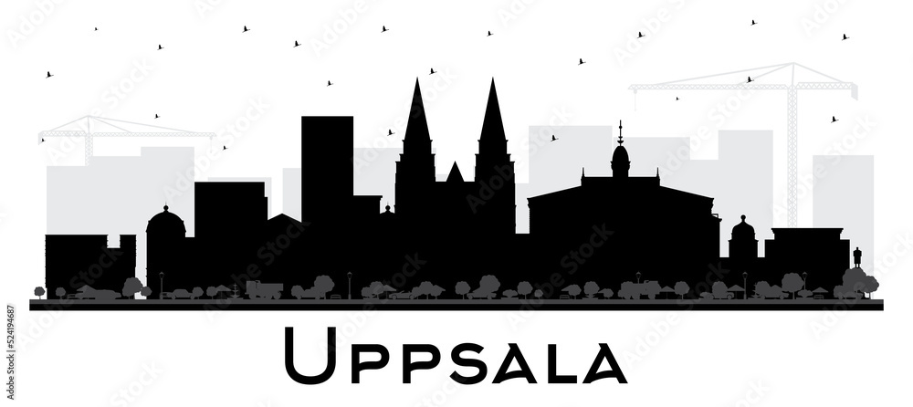 Fototapeta premium Uppsala Sweden City Skyline Silhouette with Black Buildings Isolated on White.