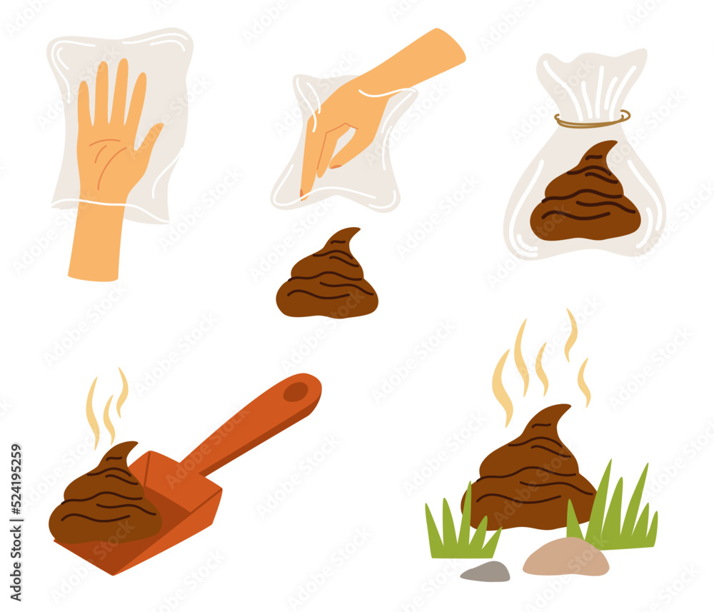 Fototapeta premium Cleaning for the dog set. Hygienic dog bag with poop icon. Cleaning the park after walking pets concept. Hand draw Vector illustration isolated on the white background.
