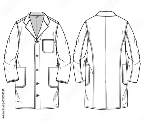 Medical coats, white coat,  laboratory coat, lab coat, doctors coat Front and Back View. Fashion Illustration, Vector, CAD, Technical Drawing, Flat Drawing, Template, Mockup.