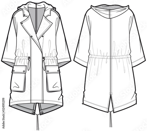 Winter Parka Jacket Front and Back View. Fashion Illustration, Vector, CAD, Technical Drawing, Flat Drawing, Template, Mockup. photo