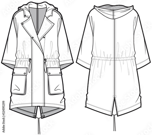 Winter Parka Jacket Front and Back View. Fashion Illustration, Vector, CAD, Technical Drawing, Flat Drawing, Template, Mockup.