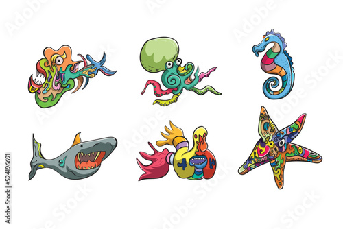 illustration of a set of colorful sea creatures