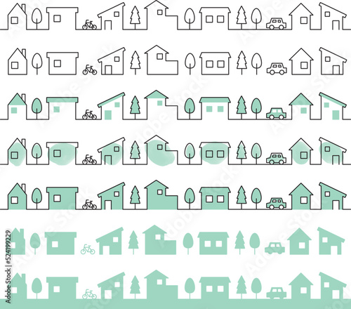 住宅の街並みのラインイラストセット（横型、緑色）
