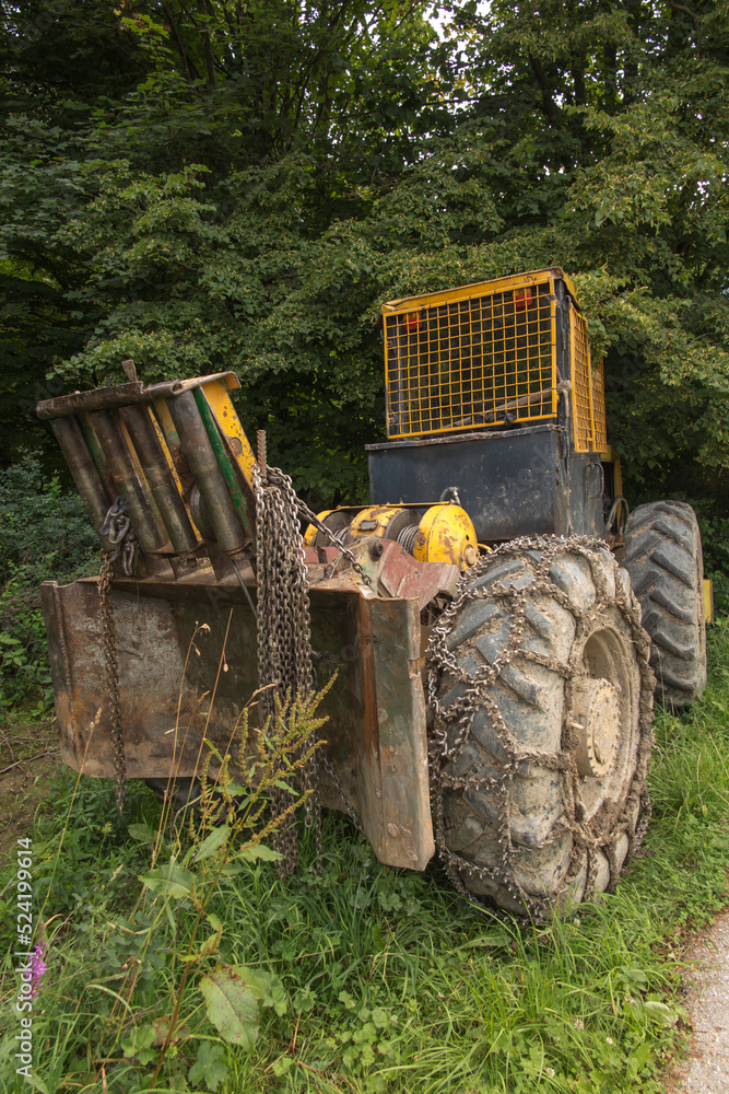 Chain on the wheels of a skidder, i.e. a tractor for skidding wood in difficult mountain terrain and with earthen ground