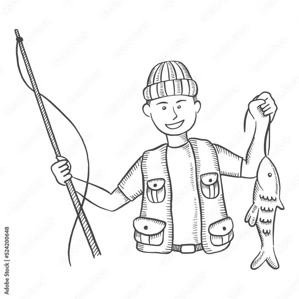 fishing fisherman catch fish isolated doodle hand drawn sketch with outline style fishing fisherman catch fish isolated doodle hand drawn sketch with outline style