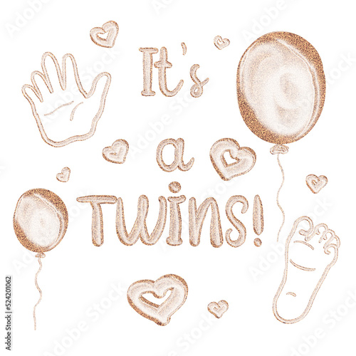 It's a twins hand drawn lettering. Beige color quote It's a Twin's isolated on a white background. Trendy lettering for expectants of a twins. Design for a baby shower, gender parties and baby shower.