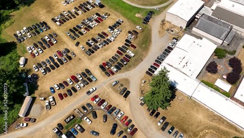 Overhead drone shot of a paid parking lot for a county fair. photo