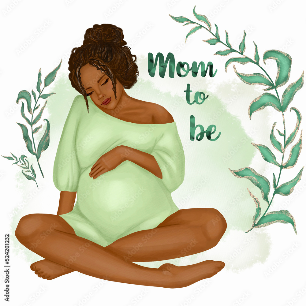 Watercolor curly brown hair pretty african american pregnant woman with sign Mom to be and floral decoration. Hand drawn aquarelle pregnant woman card. Design for baby shower. Watercolor curly brown hair pretty african american pregnant woman with sign Mom to be and floral decoration. Hand drawn aquarelle pregnant woman card. Design for baby shower.