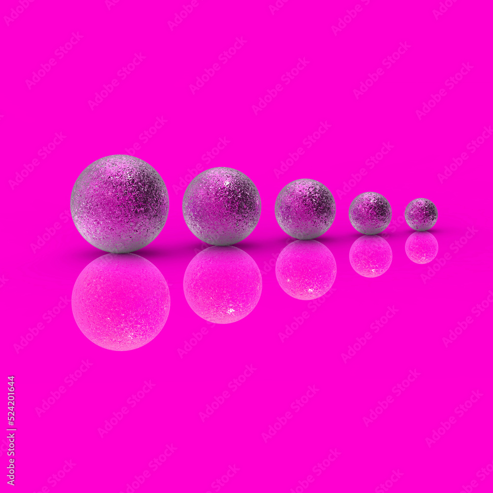Five balls of metal of different sizes of pink color on pink background. Growth of something. Progress. Reflection. Horizontal image. 3D image. 3D rendering. Five balls of metal of different sizes of pink color on pink background. Growth of something. Progress. Reflection. Horizontal image. 3D image. 3D rendering.