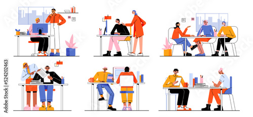 People work together in office. Concept of business meeting, job training, leadership, internship with mentor. Vector flat illustration of employees or trainees on workplace