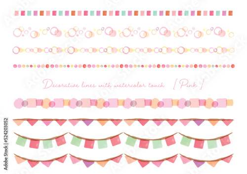 旗、ガーランド、水玉、泡、タイル模様のピンク系水彩タッチ装飾素材