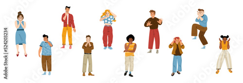 Afraid, scared people in shock, panic and stress. Diverse persons with terrified, frightened, surprised and nervous face expression isolated on white background, vector flat illustration