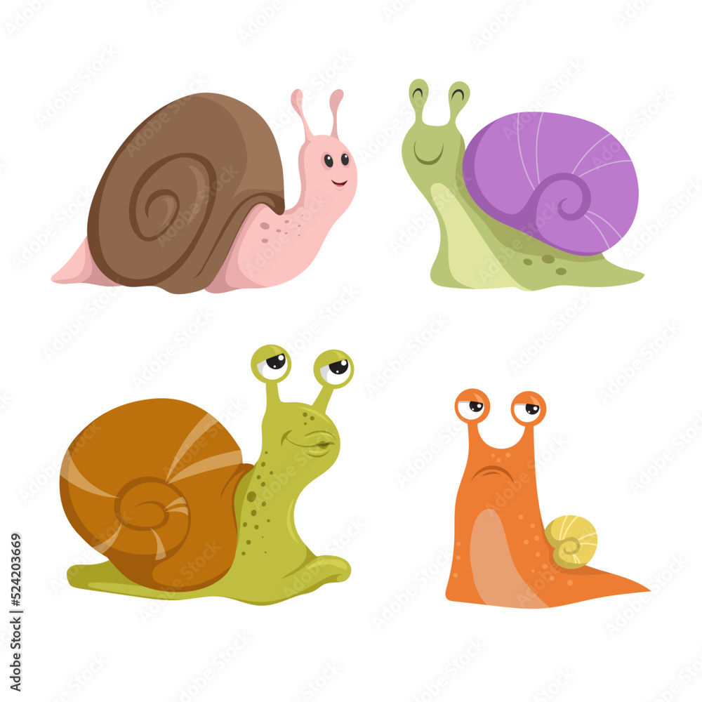 Cute snails set. Different types and emotions, funny snail characters