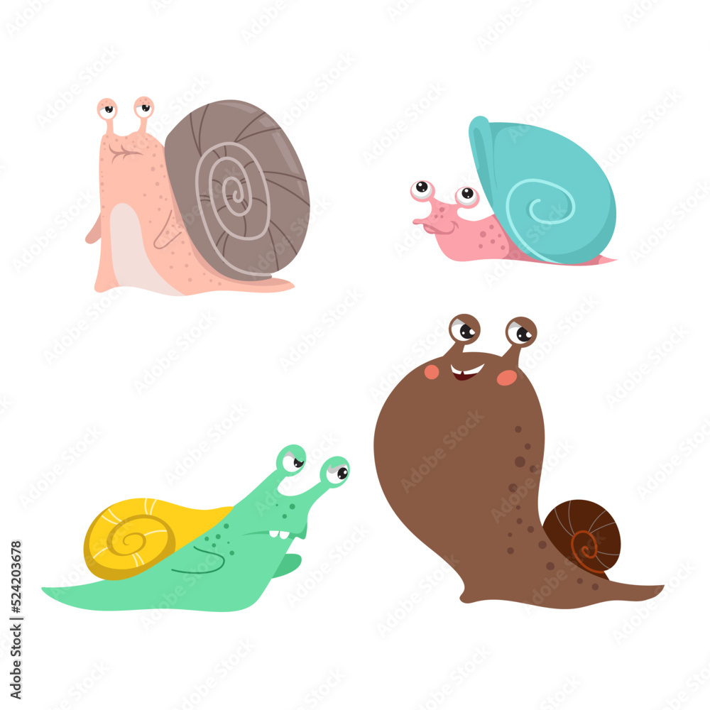 Cute snails set. Different snail-paced slugs. Young and old, strong and running. Funny snail characters collection. Vector Illustrations isolated on white background. Cute snails set. Different snail-paced slugs. Young and old, strong and running. Funny snail characters collection. Vector Illustrations isolated on white background.