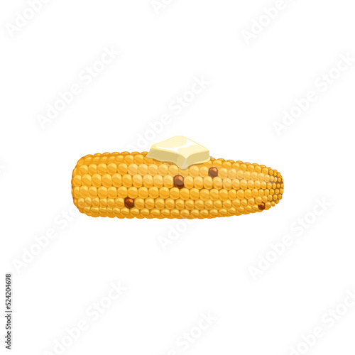 Ear of corn with piece of melted butter isolated vector icon on white background. Tasty vegetable snack, delicious fresh food. Cartoon element for design