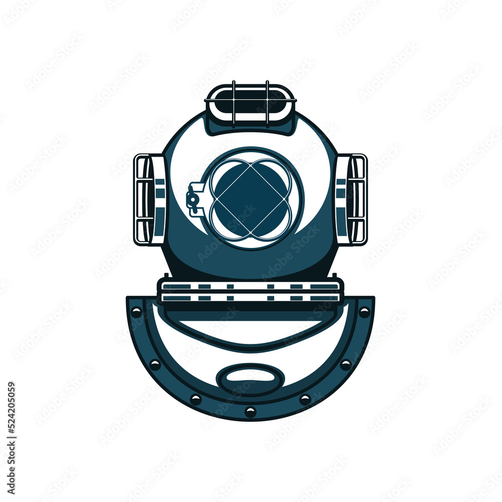 Standard diving helmet of copper and brass isolated monochrome icon