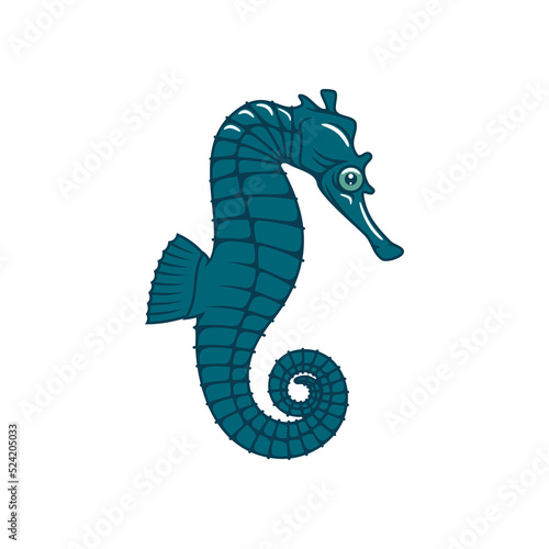 Marine seahorse isolated small wish with curved tail. Vector sea-horse underwater animal, Hippocampus hand drawn monochrome icon. Sea horse small marine fish, aquatic creature mascot, profile view